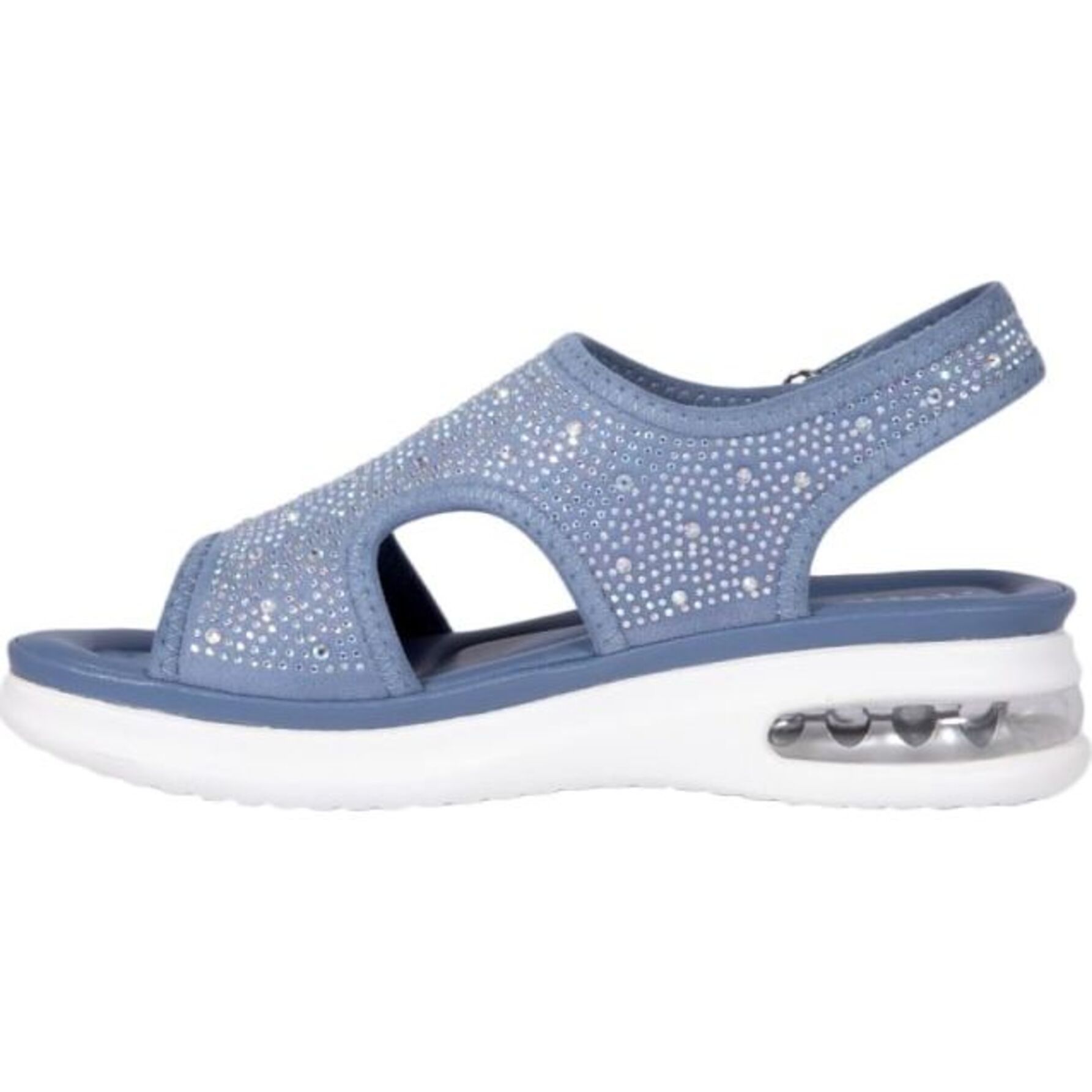Sandalia para mujer, de tipo confort, con válvula de aire y brillos, acabado glitter, marca Shosh, color azul, mod. 1114674