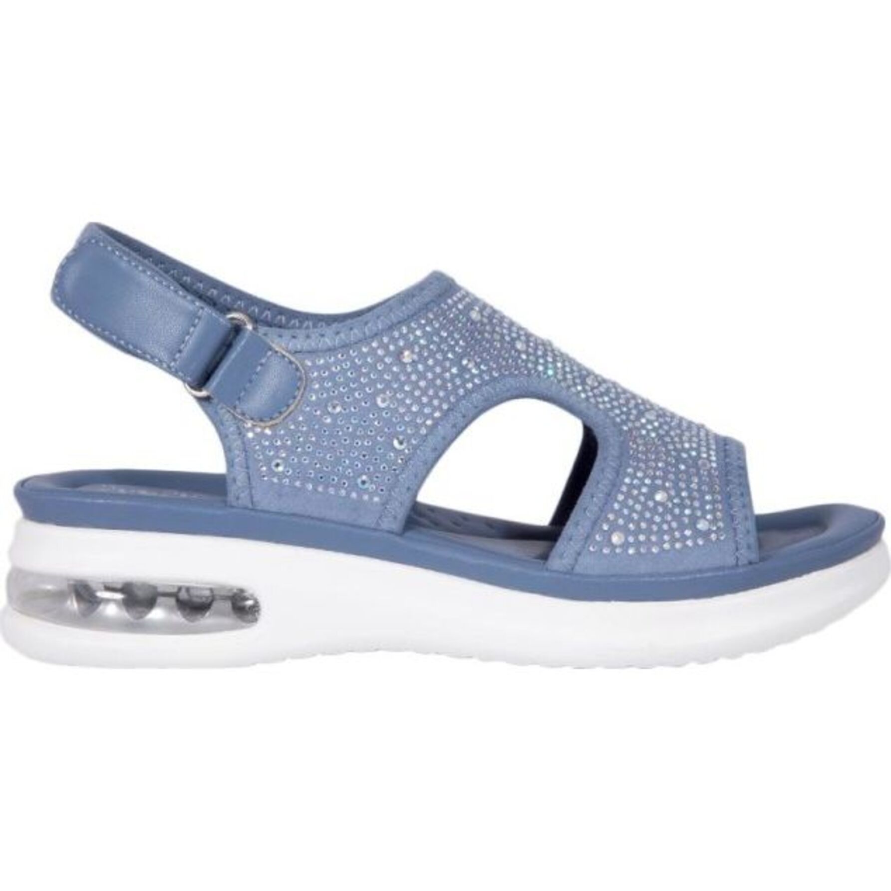 Sandalia para mujer, de tipo confort, con válvula de aire y brillos, acabado glitter, marca Shosh, color azul, mod. 1114674