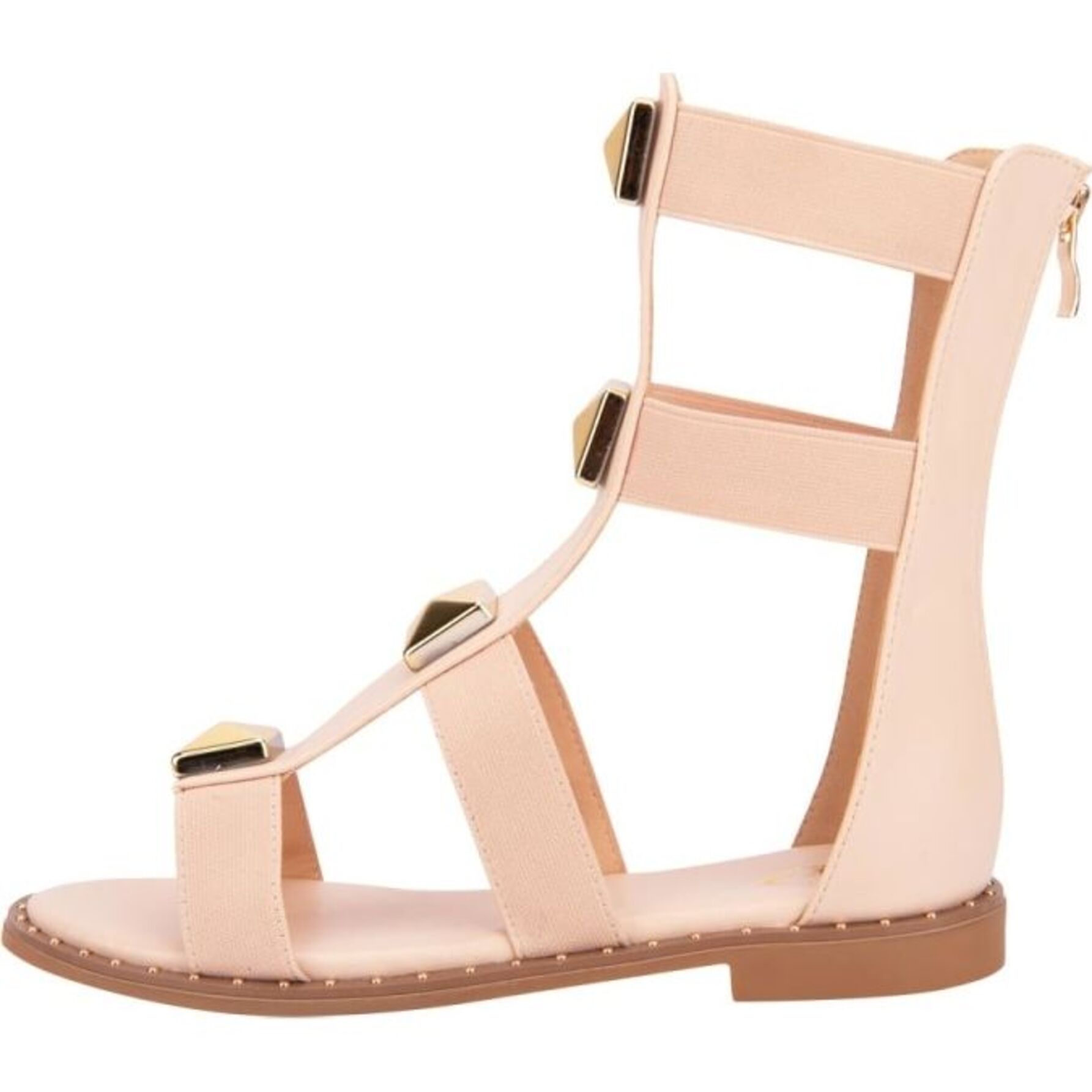 Sandalia para mujer, tipo gladiador, con estilo romano, estoperoles y acabado napa, marca PBPS, color beige, mod. 1191785