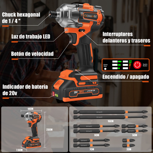 Goxawee® 1/4INCH 2 Batería 20v Perforación Kit De Taladros Destornillador Atornillador De Impacto Inalámbrico Herramientas Electricas 2000MAH