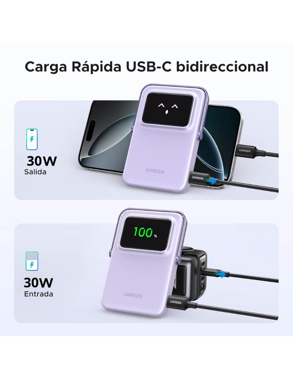 Batería portatil MagSafe 7.5W  Mini 10,000mAh Ugreen con pantalla TFT Morado