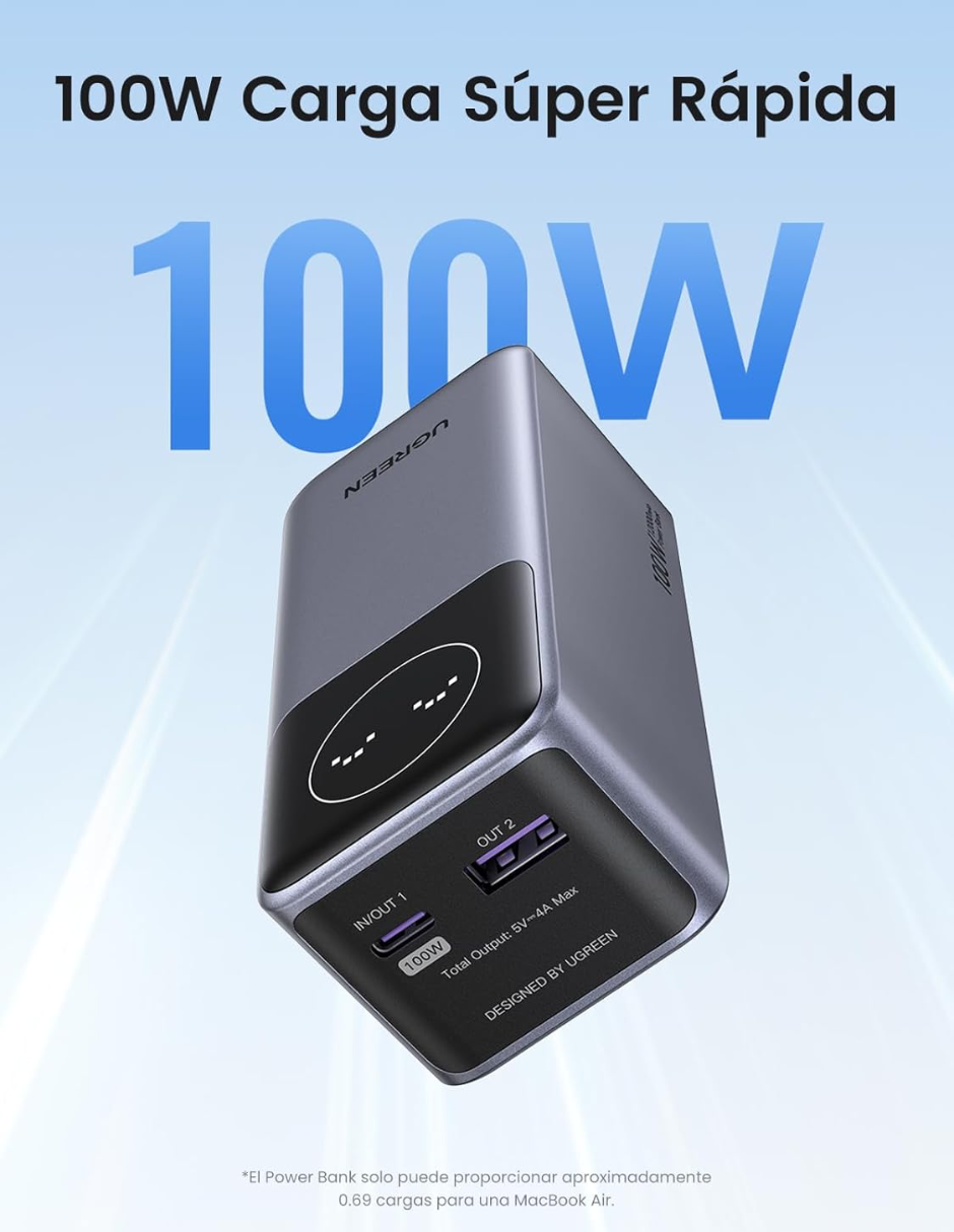 Batería Portatil Nexode 12,000 mAH Ugreen 100W Pantalla digital Gris
