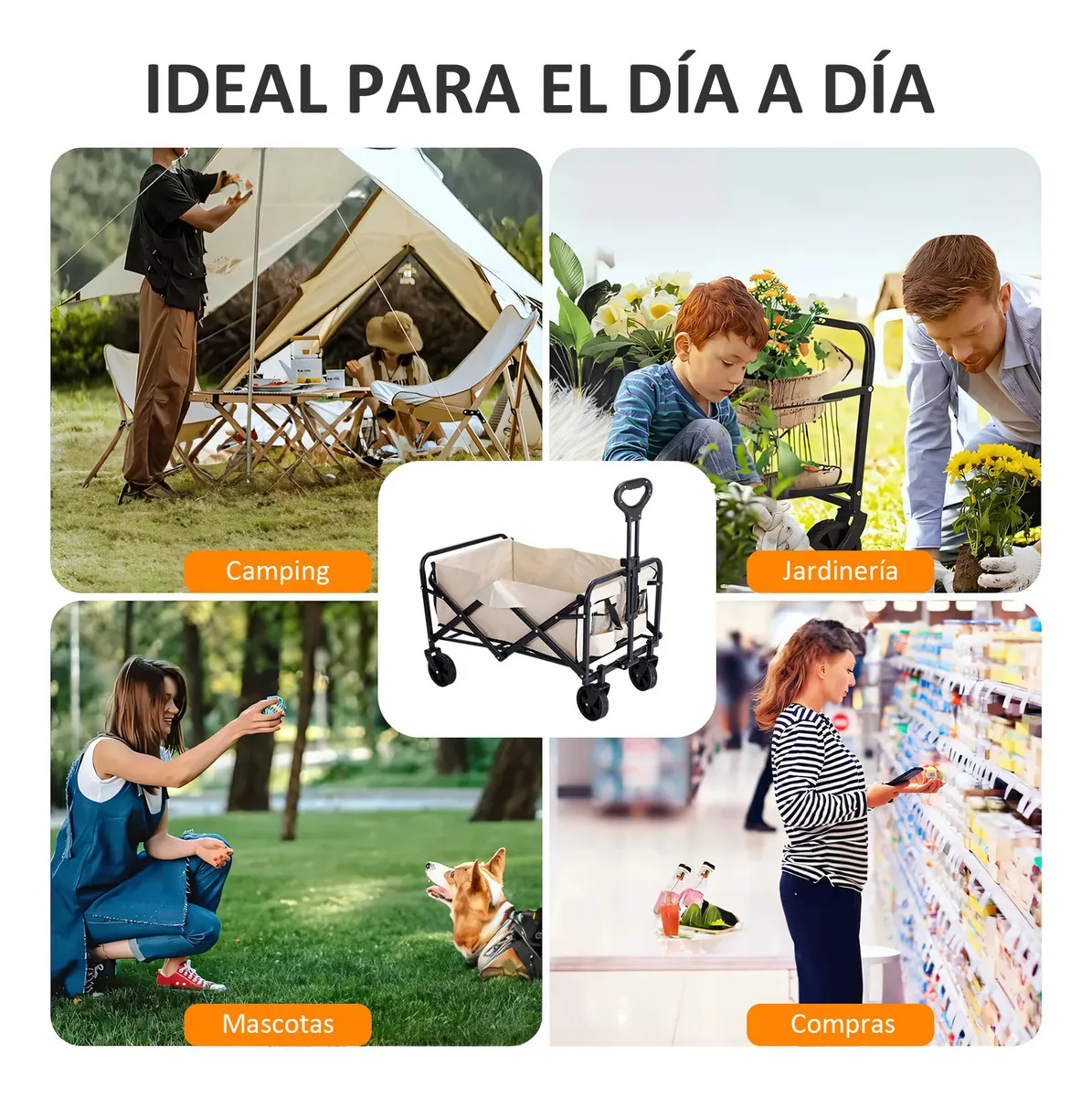 Carrito Plegable Para Exteriores Portátil Para Transportar Hasta 70 Kg, Ruedas Giratorias 360°, Para Niños Y Mascotas, Carretilla De Carga Tipo Vagón