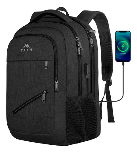 Mochila De Viaje, Mochila Para Hombres, Para Laptop 17" 30L Antirrobo e Impermeable Matein 1035 color negro diseño lisa