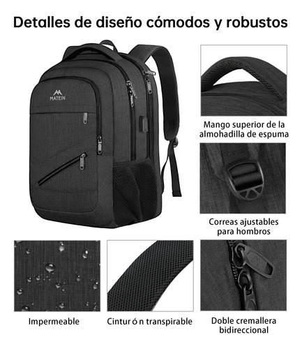 Mochila De Viaje, Mochila Para Hombres, Para Laptop 17" 30L Antirrobo e Impermeable Matein 1035 color negro diseño lisa