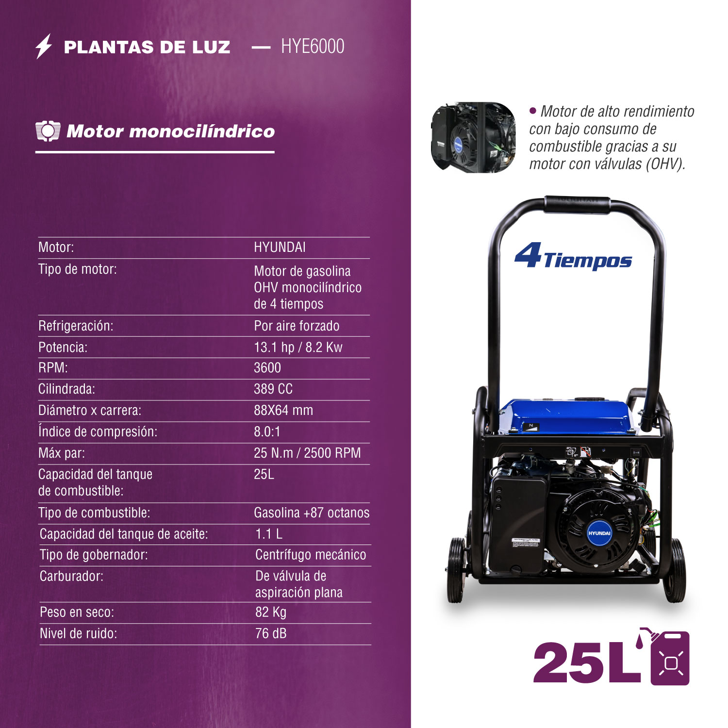 GENERADOR PROFESIONAL HYUNDAI 6000W C/MOTOR 13.1 HP 110V/220V - HYE6000