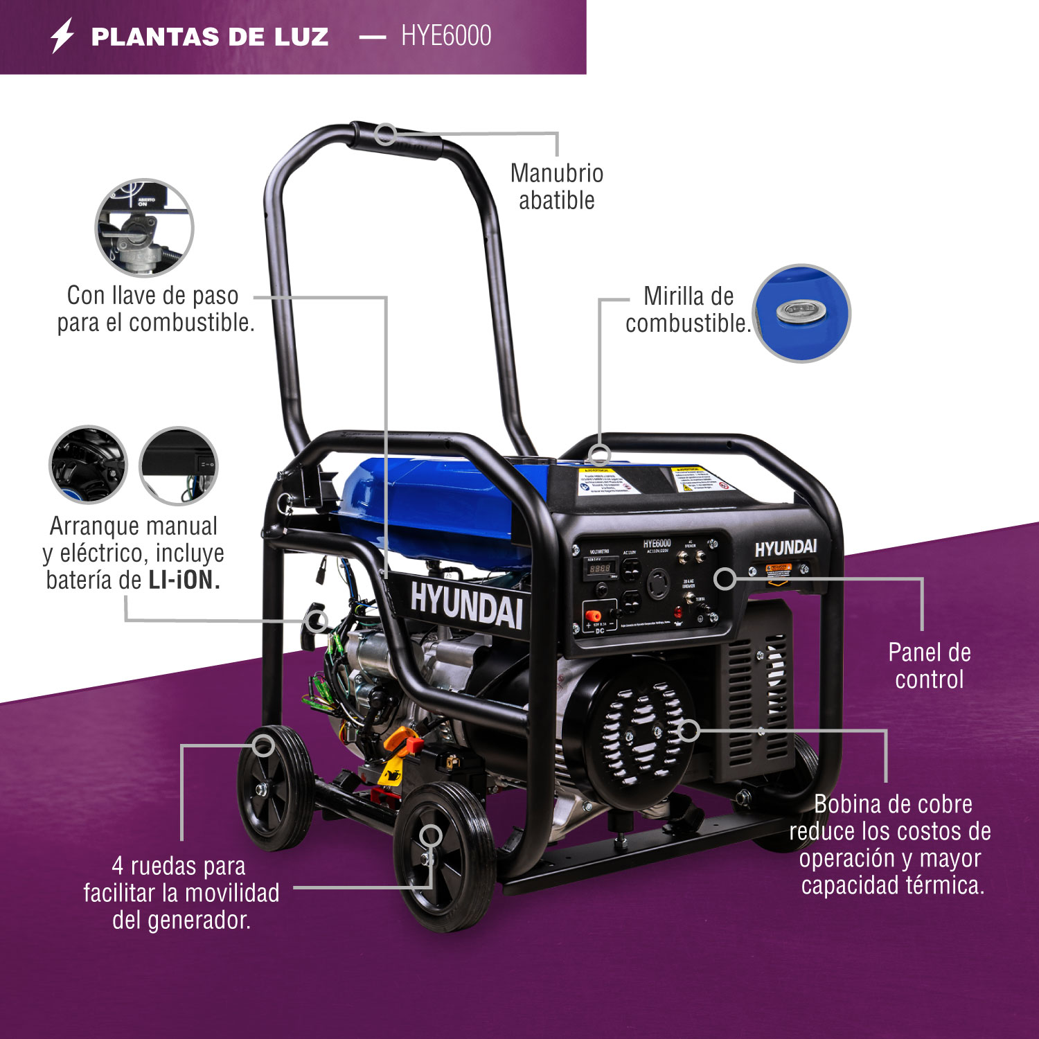 GENERADOR PROFESIONAL HYUNDAI 6000W C/MOTOR 13.1 HP 110V/220V - HYE6000
