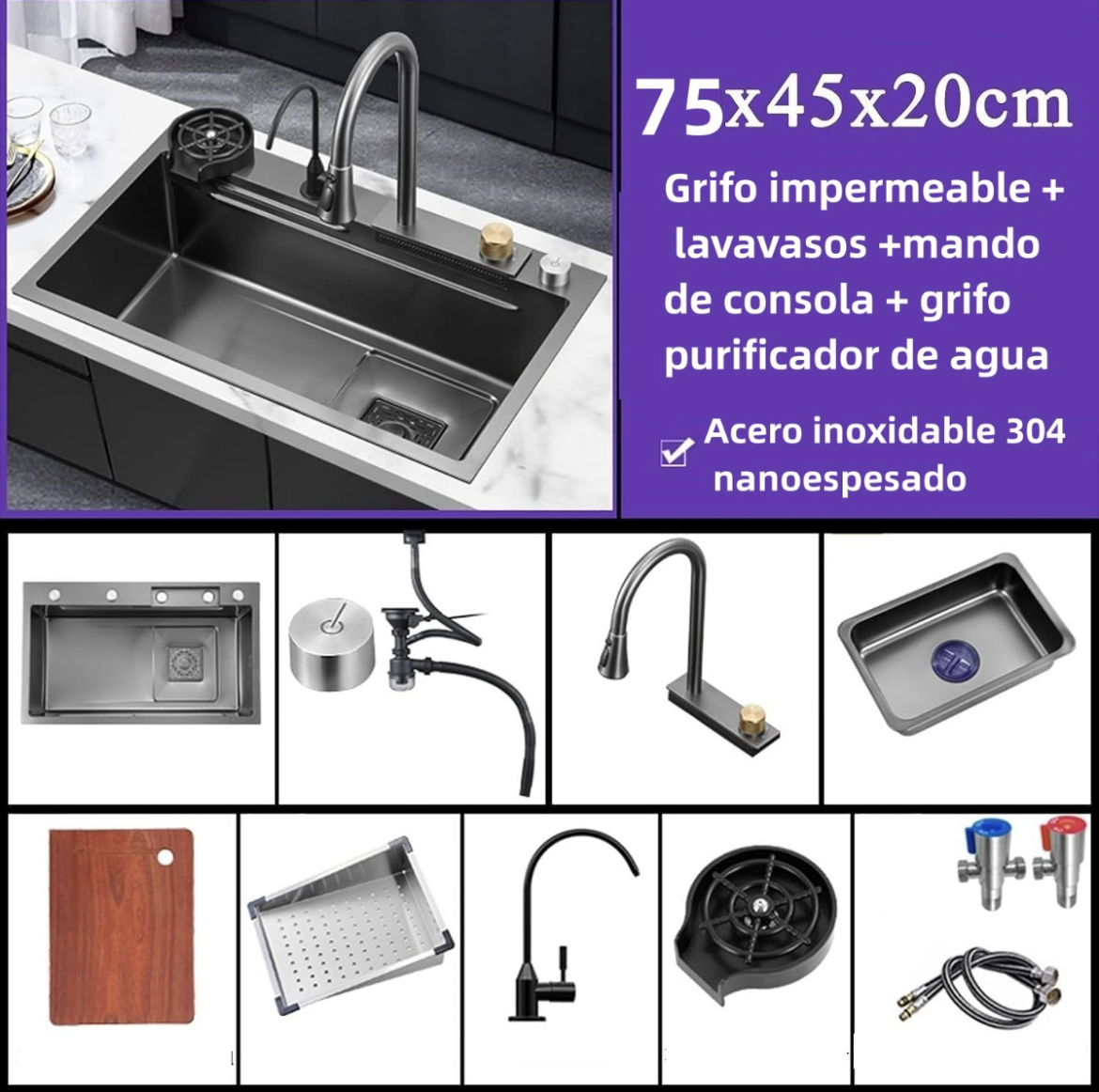 Tarja Fregadero De Cocina Cascada Acero Inoxidable304 