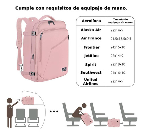 Mochila De Viaje Impermeable De Maleta Expandible Antirrobo Grande Rosa Equipaje De Mano De 10 Kg Aprobado Por Avión Para Hombre Y Mujer Matein 1159 Color Rosa Lisa 40 L
