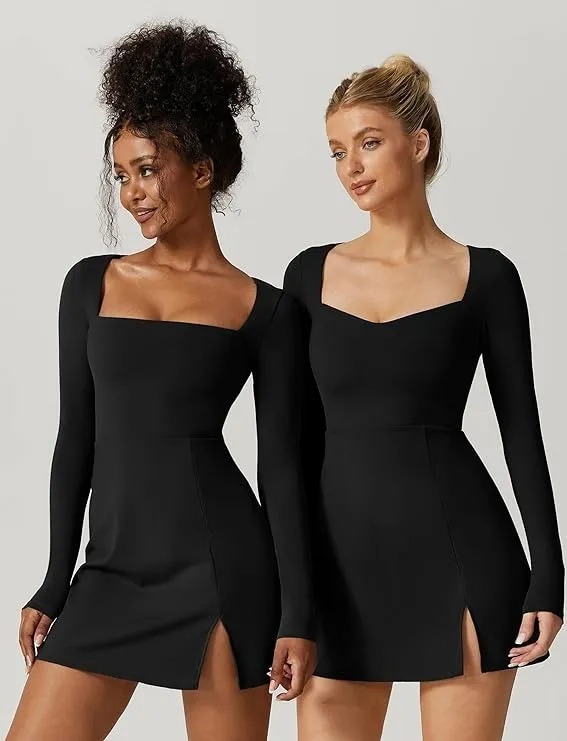 Vestido De Negro Corto Manga Larga De Casual Sexy Para Mujer