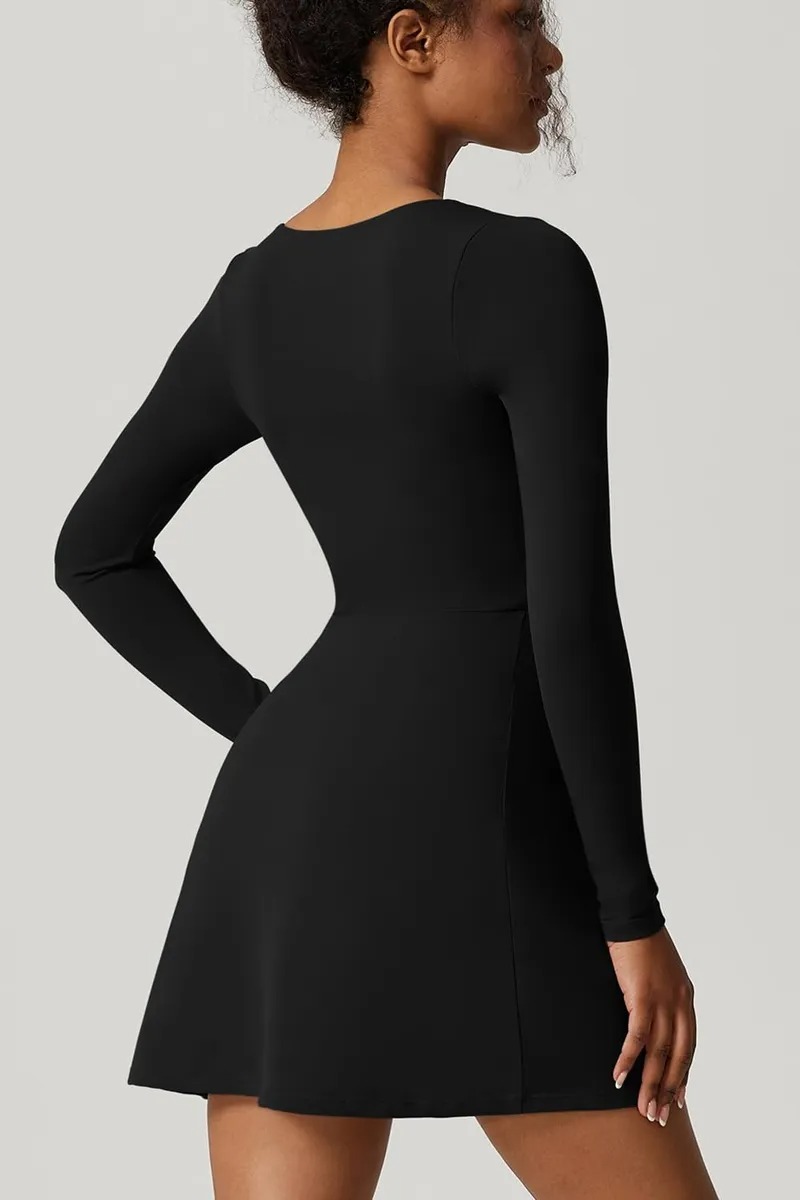 Vestido De Negro Corto Manga Larga De Casual Sexy Para Mujer