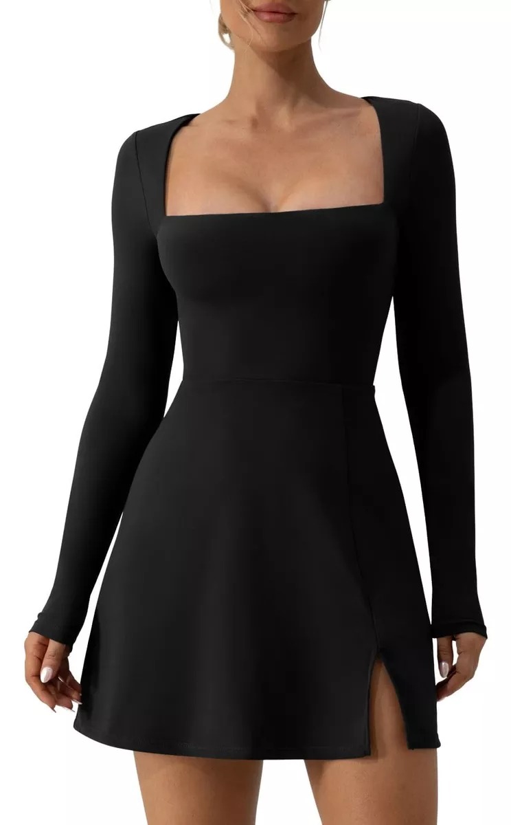 Vestido De Negro Corto Manga Larga De Casual Sexy Para Mujer
