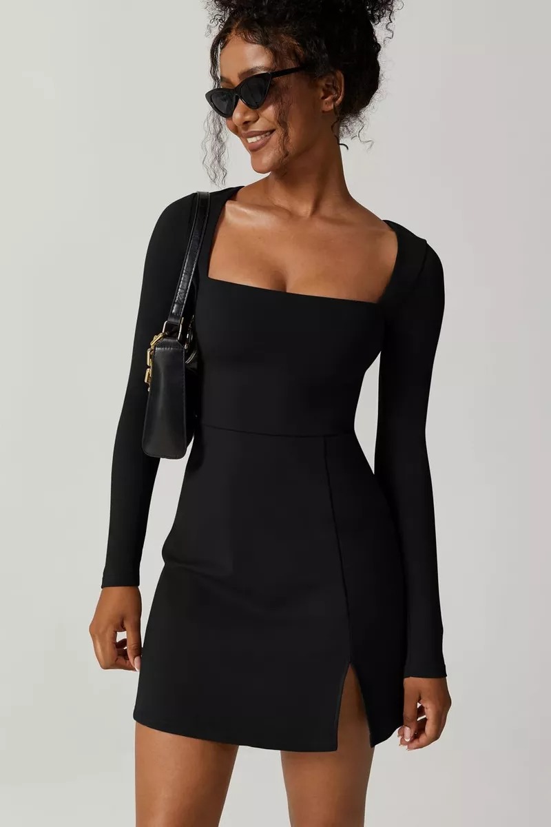 Vestido De Negro Corto Manga Larga De Casual Sexy Para Mujer
