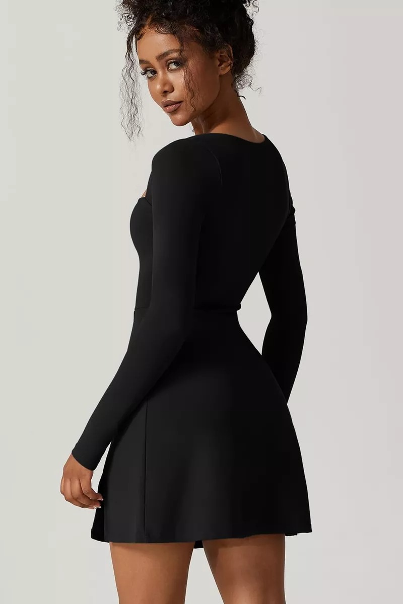 Vestido De Negro Corto Manga Larga De Casual Sexy Para Mujer