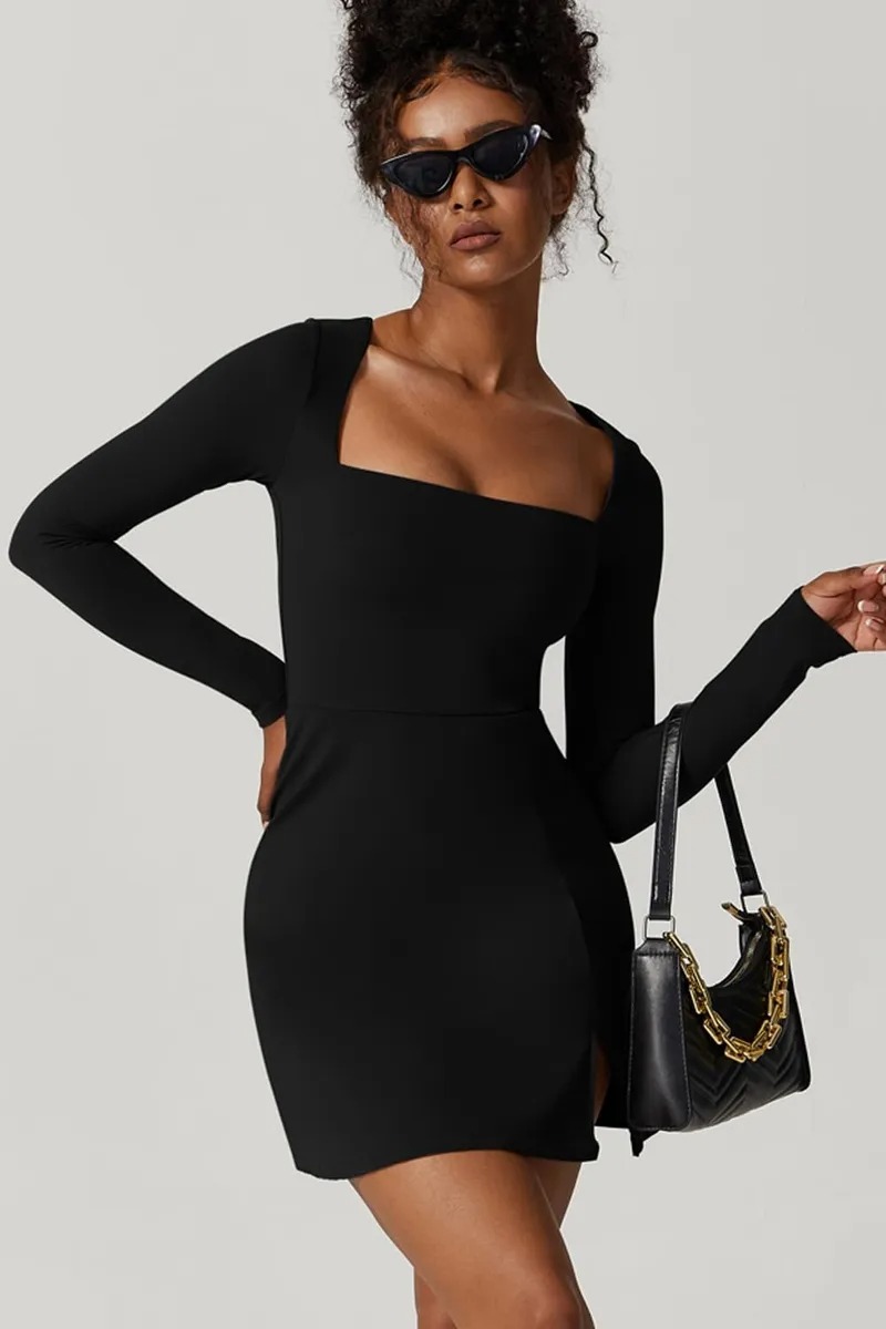 Vestido De Negro Corto Manga Larga De Casual Sexy Para Mujer