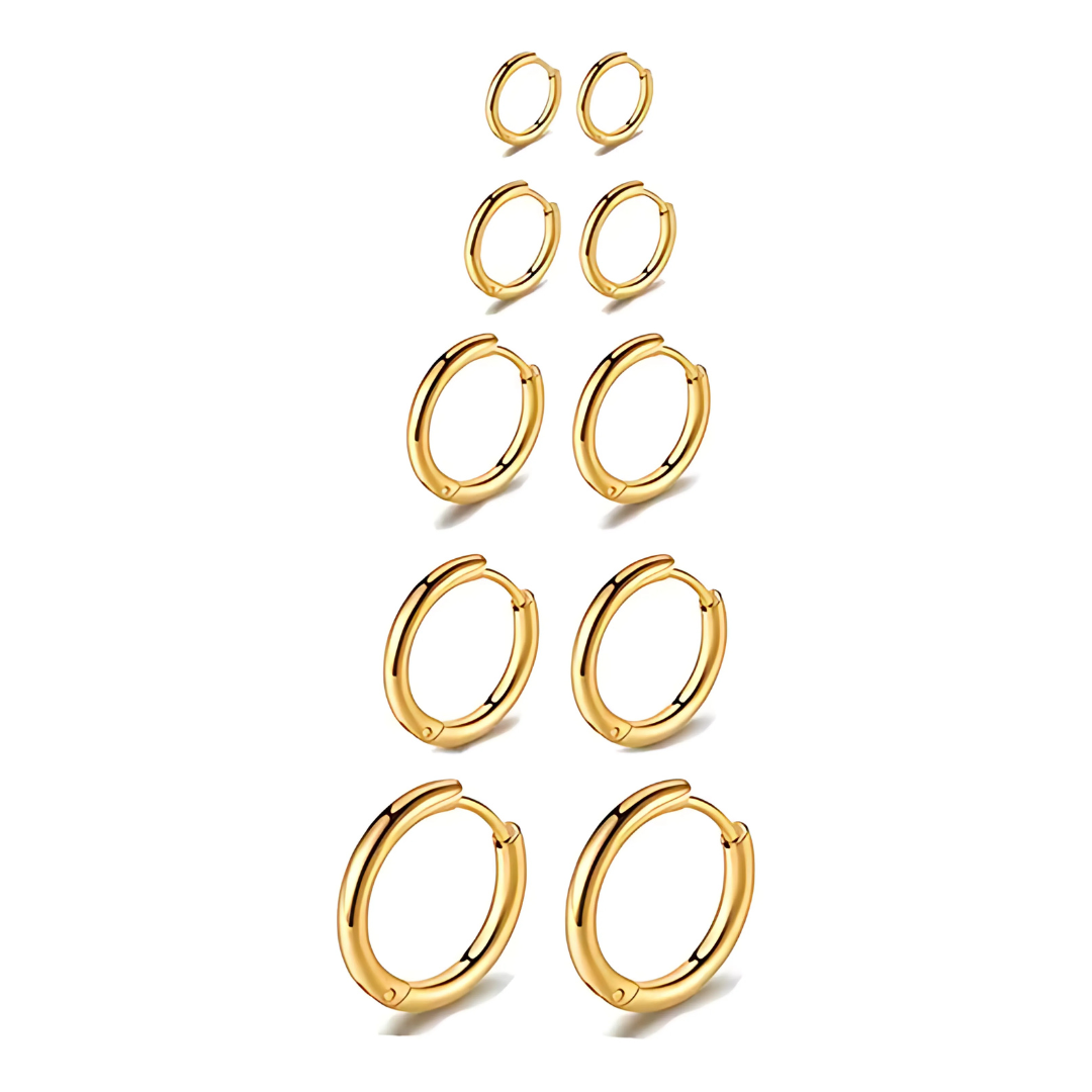 Aretes Piercing de Acero Inoxidable Dorado - 5 Pares de Argollas (8-16 mm), Durabilidad y Estilo para Hombre