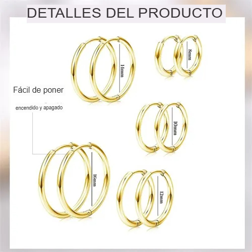 Aretes Piercing de Acero Inoxidable Dorado - 5 Pares de Argollas (8-16 mm), Durabilidad y Estilo para Hombre