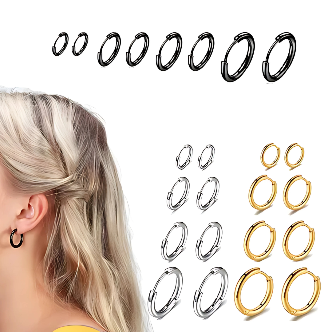 Aretes Piercing de Acero Inoxidable Dorado - 5 Pares de Argollas (8-16 mm), Durabilidad y Estilo para Hombre