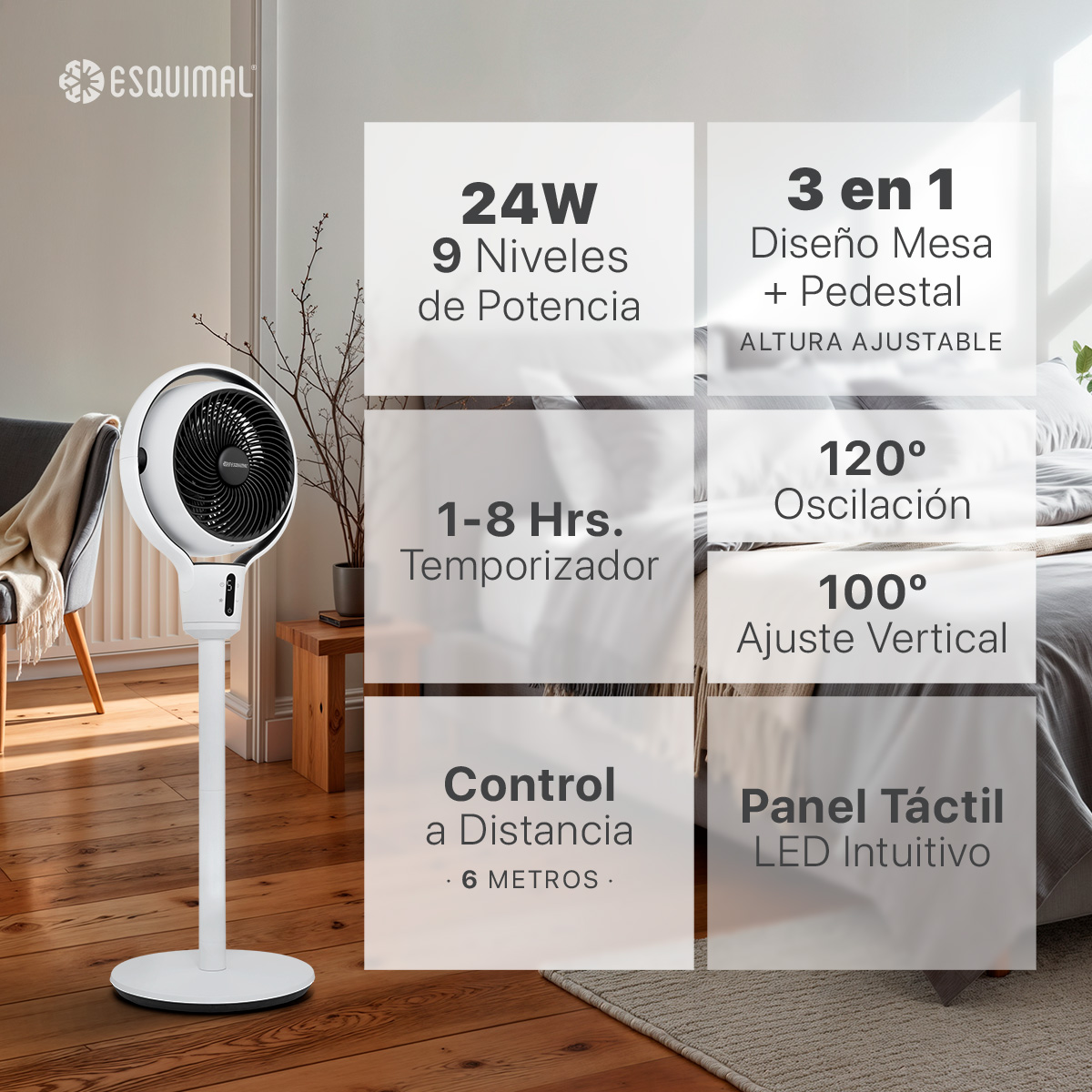 Ventilador de Altura Ajustable para Escritorio y Piso Abanico con Oscilación Pantalla LED Temporizador Blanco ESQUIMAL