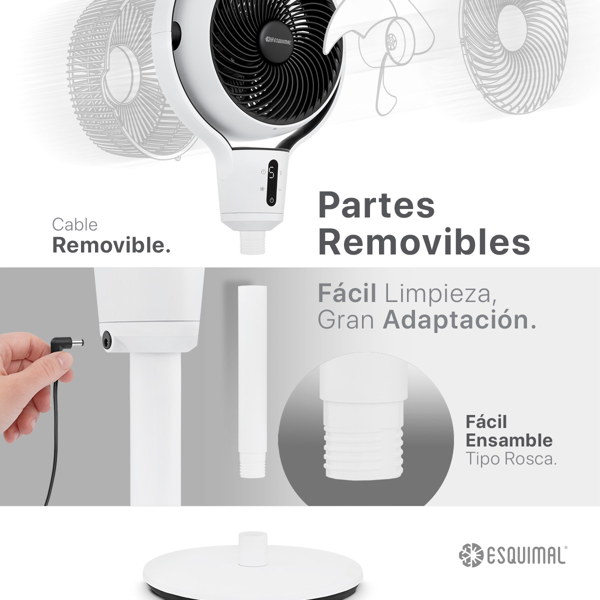 Ventilador de Altura Ajustable para Escritorio y Piso Abanico con Oscilación Pantalla LED Temporizador Blanco ESQUIMAL