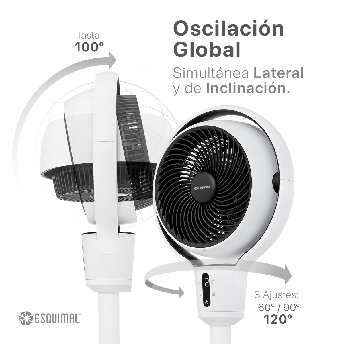 Ventilador de Altura Ajustable para Escritorio y Piso Abanico con Oscilación Pantalla LED Temporizador Blanco ESQUIMAL