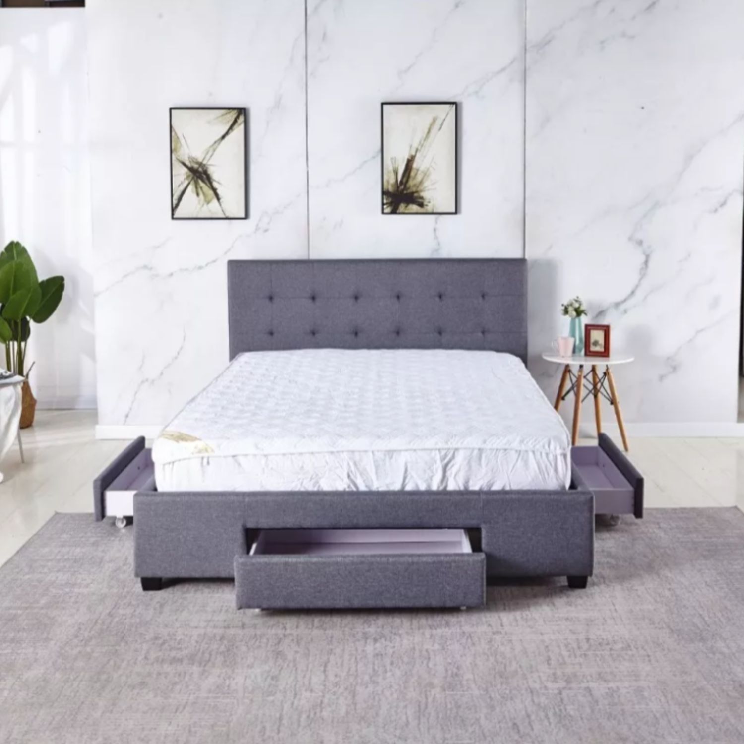 Base Con Cabecera Cama-P1940 de Madera Queen Lino Color Gris con Cajones