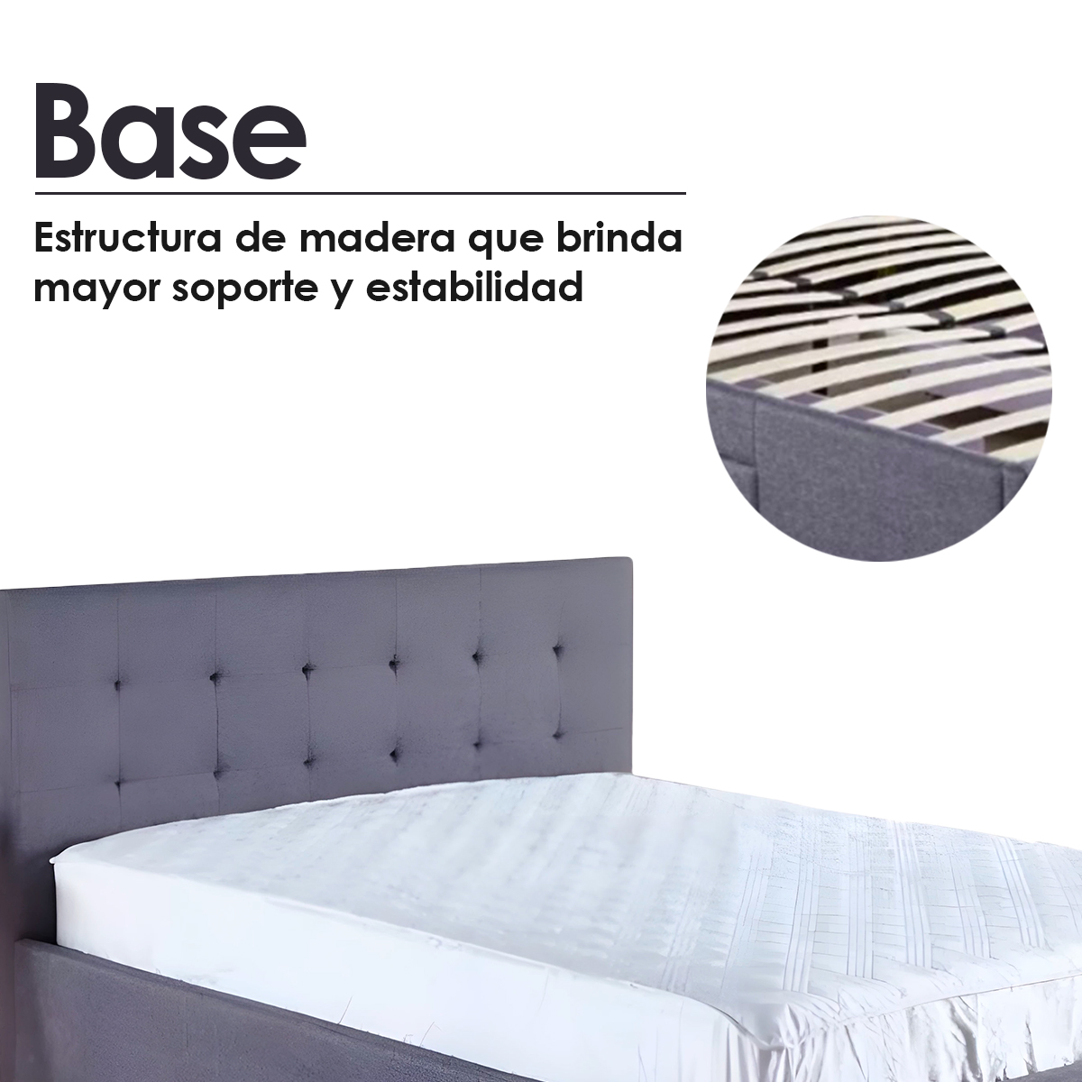 Base Con Cabecera Cama-P1940 de Madera Queen Lino Color Gris con Cajones
