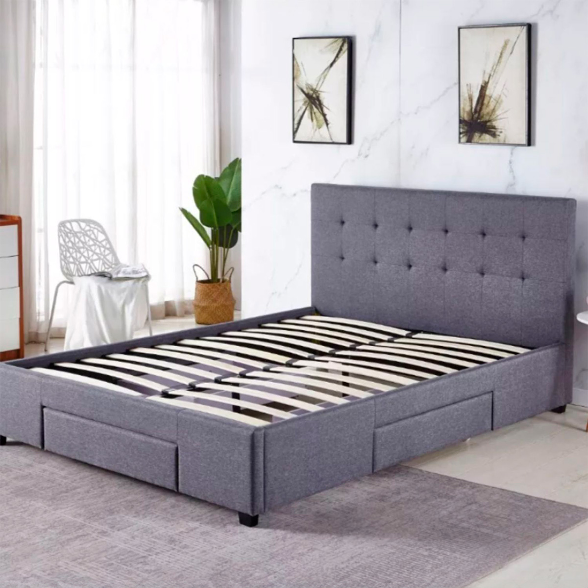 Base Con Cabecera Cama-P1940 de Madera Queen Lino Color Gris con Cajones