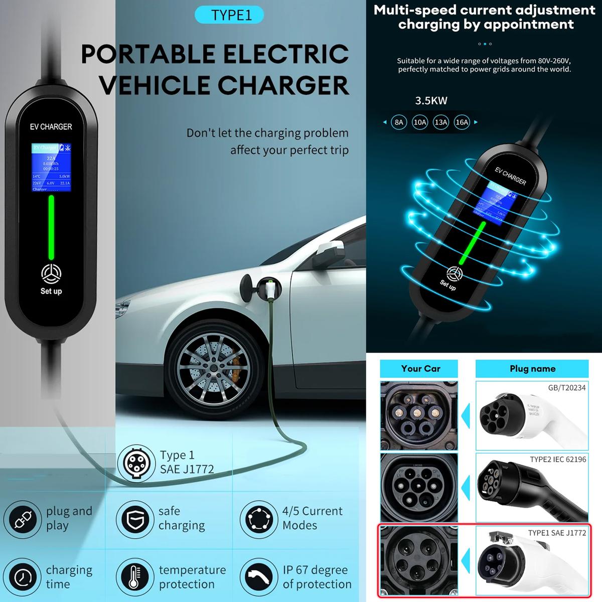 Cargador Auto Eléctrico, MXEOV-001, 1Pza, Type 1, 3.5kW, 8/10/13/16A, 80-260V, 50-60Hz, Blanco, Cargador Auto Eléctrico, Cargador Coche Eléctrico, Cargador Vehicular