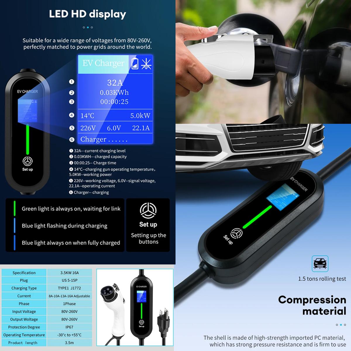 Cargador Auto Eléctrico, MXEOV-001, 1Pza, Type 1, 3.5kW, 8/10/13/16A, 80-260V, 50-60Hz, Blanco, Cargador Auto Eléctrico, Cargador Coche Eléctrico, Cargador Vehicular