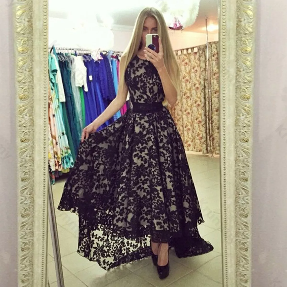 Vestido Negro Largo Casual De Fiestas Para Mujer Cordón.