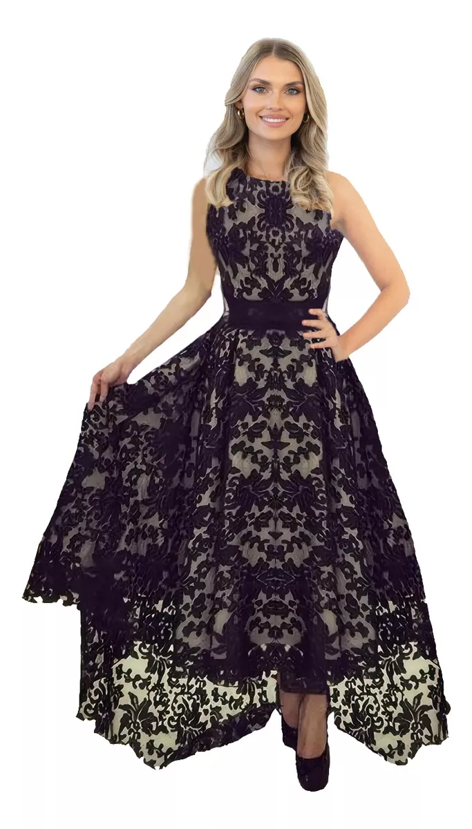 Vestido Negro Largo Casual De Fiestas Para Mujer Cordón.
