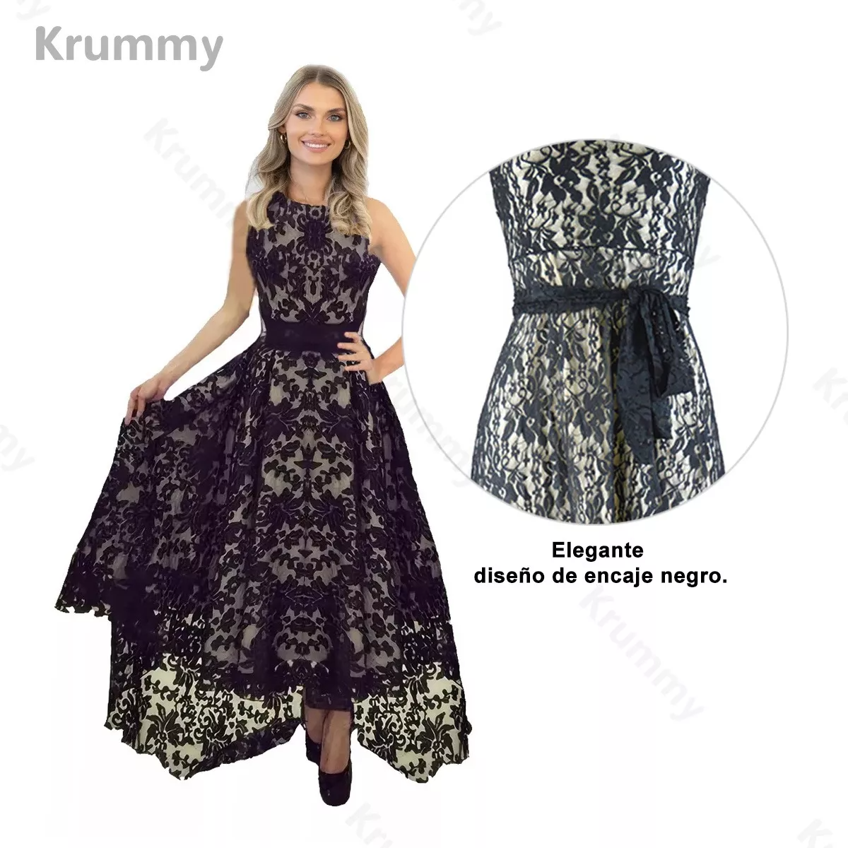 Vestido Negro Largo Casual De Fiestas Para Mujer Cordón.
