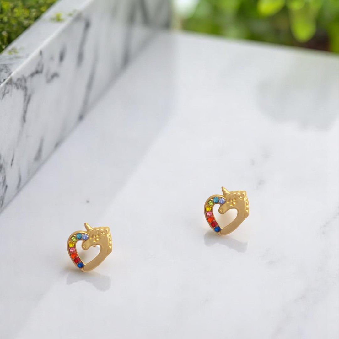 BROQUELES DE CORAZÓN UNICORNIO EN ORO AMARILLO DE 10K + OBSEQUIO