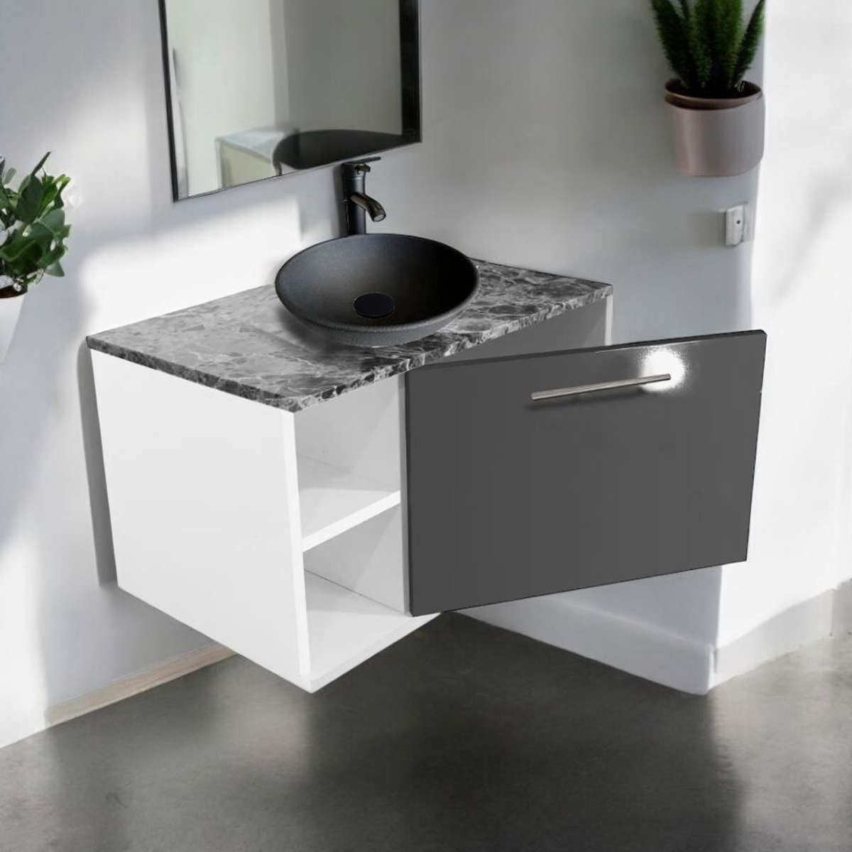 Gabinete baño ovalin monomando mesa tipo marmol puerta Gris