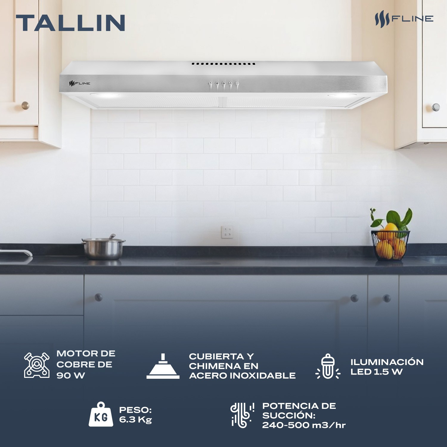 Campana extractora de cocina slim Acero Inoxidable 80 cm | bajo gabiente | Tallin 80| FLINE