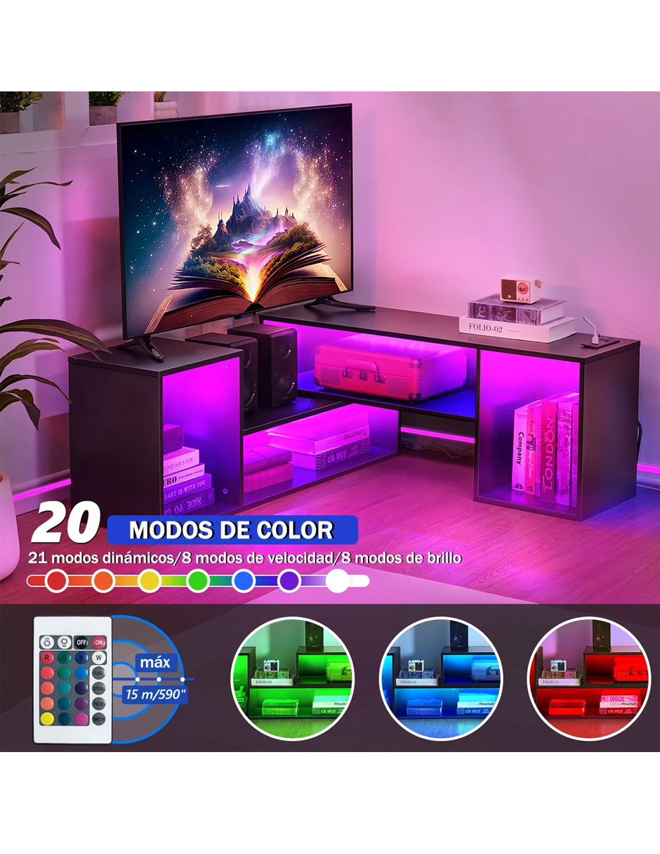 Mueble para TV Retráctil Doble En Forma De L Moderno Minimalista Mesa Televisión con Luz Led USB 