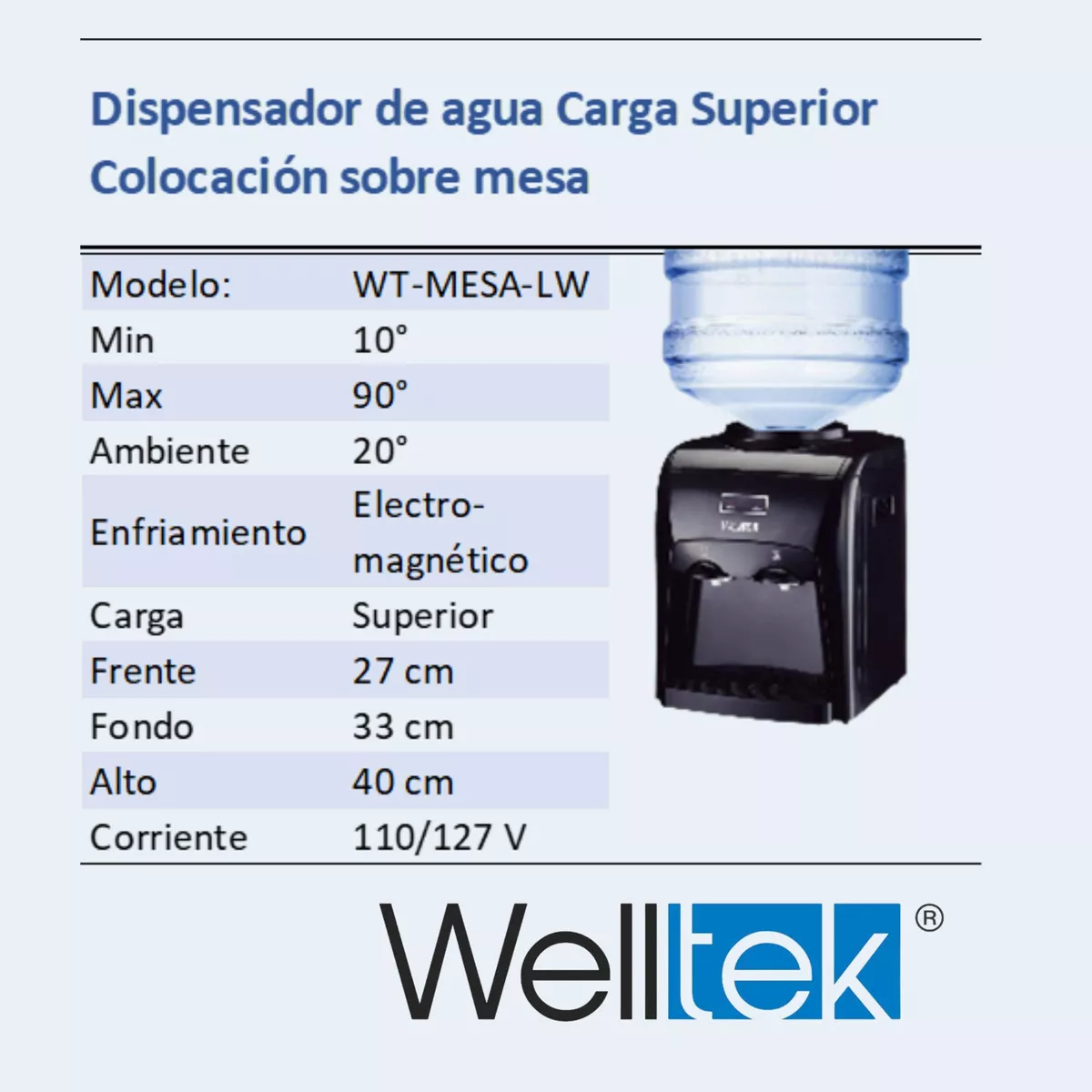 Dispensador Agua Fría Caliente Enfriador Mesa Termomagnético Color Negro | Despachador de agua compacto para garrafón carga superior hasta 20L
