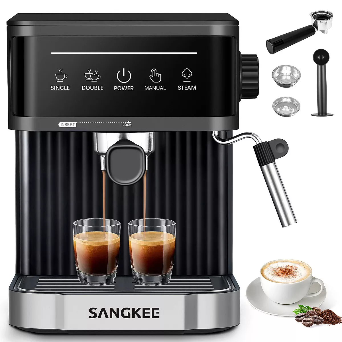 Cafetera Espresso, Máquina De Café Espresso Y Capuchino 15 Bares, Sangkee Cafetera Compatible Con Café Molido, Con Espumador De Leche, Para Preparar Café Espresso, Latte, Para El Hogar Barista, ESS5.