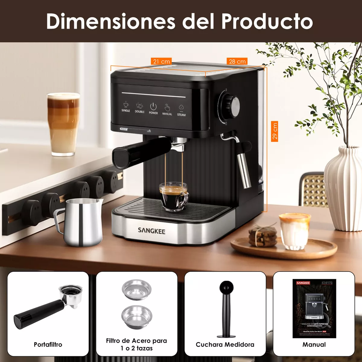 Cafetera Espresso, Máquina De Café Espresso Y Capuchino 15 Bares, Sangkee Cafetera Compatible Con Café Molido, Con Espumador De Leche, Para Preparar Café Espresso, Latte, Para El Hogar Barista, ESS5.
