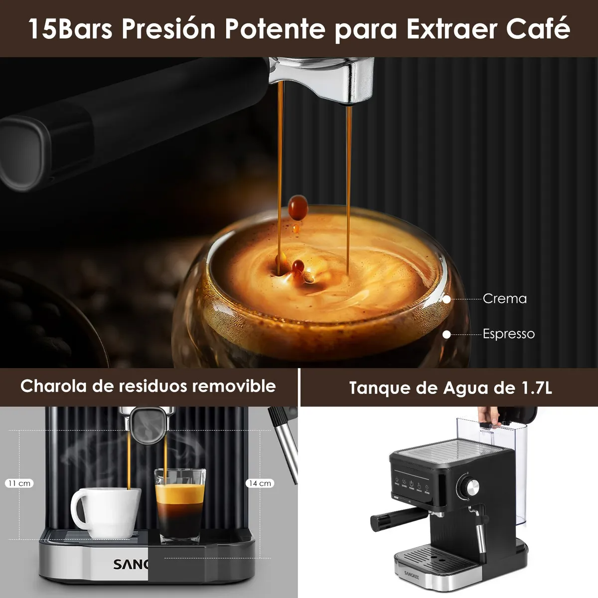 Cafetera Espresso, Máquina De Café Espresso Y Capuchino 15 Bares, Sangkee Cafetera Compatible Con Café Molido, Con Espumador De Leche, Para Preparar Café Espresso, Latte, Para El Hogar Barista, ESS5.