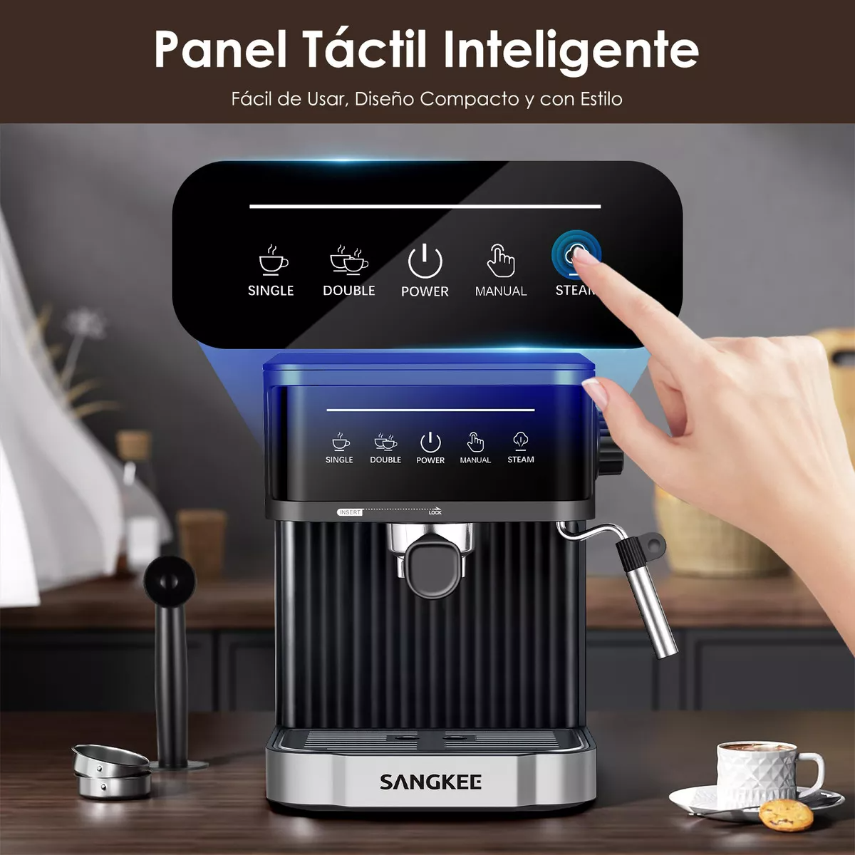 Cafetera Espresso, Máquina De Café Espresso Y Capuchino 15 Bares, Sangkee Cafetera Compatible Con Café Molido, Con Espumador De Leche, Para Preparar Café Espresso, Latte, Para El Hogar Barista, ESS5.