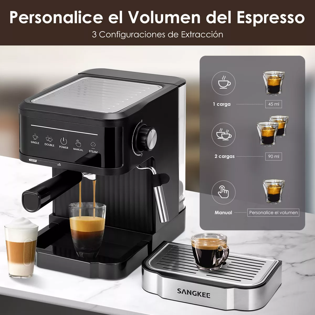 Cafetera Espresso, Máquina De Café Espresso Y Capuchino 15 Bares, Sangkee Cafetera Compatible Con Café Molido, Con Espumador De Leche, Para Preparar Café Espresso, Latte, Para El Hogar Barista, ESS5.