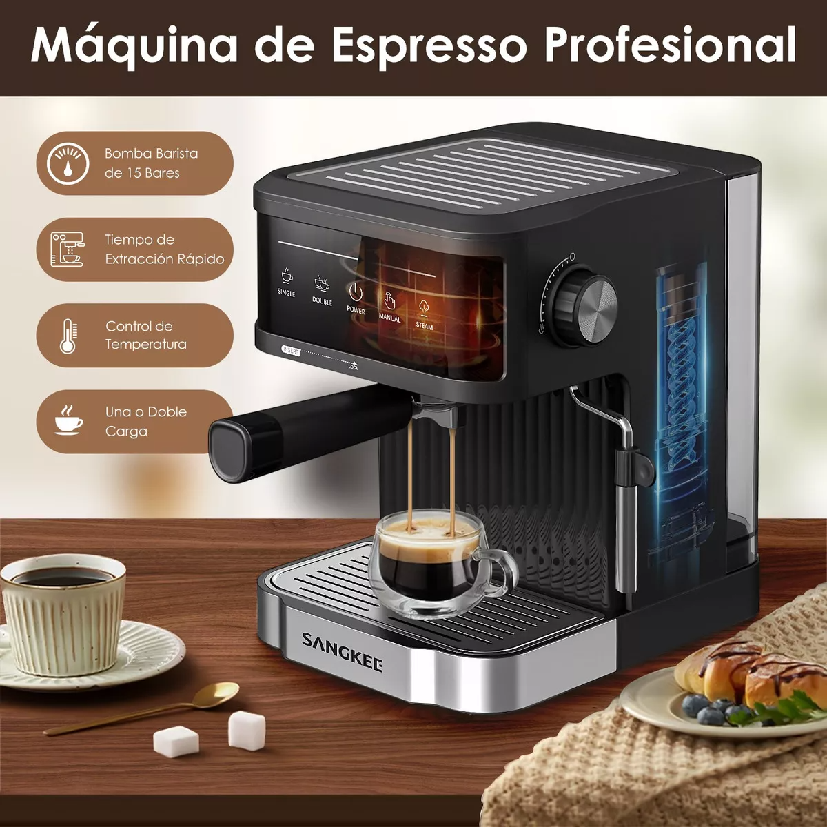 Cafetera Espresso, Máquina De Café Espresso Y Capuchino 15 Bares, Sangkee Cafetera Compatible Con Café Molido, Con Espumador De Leche, Para Preparar Café Espresso, Latte, Para El Hogar Barista, ESS5.