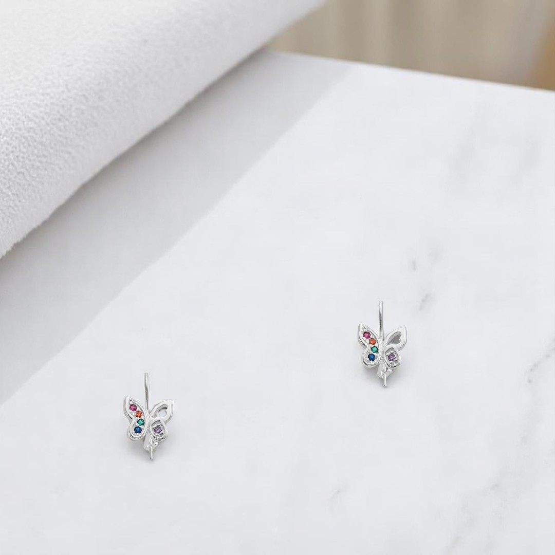 Arete Mini con Diseño Mariposa Arcoiris en Plata .925 + Obsequio 