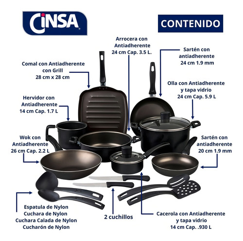 Cinsa Batería De Cocina Sabor 16 Pz Aluminio Antiadherente Negro