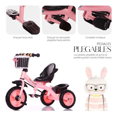 Triciclo Tipo Carreola Plegable Portatil Reclinable 2 En 1 Color Rosa