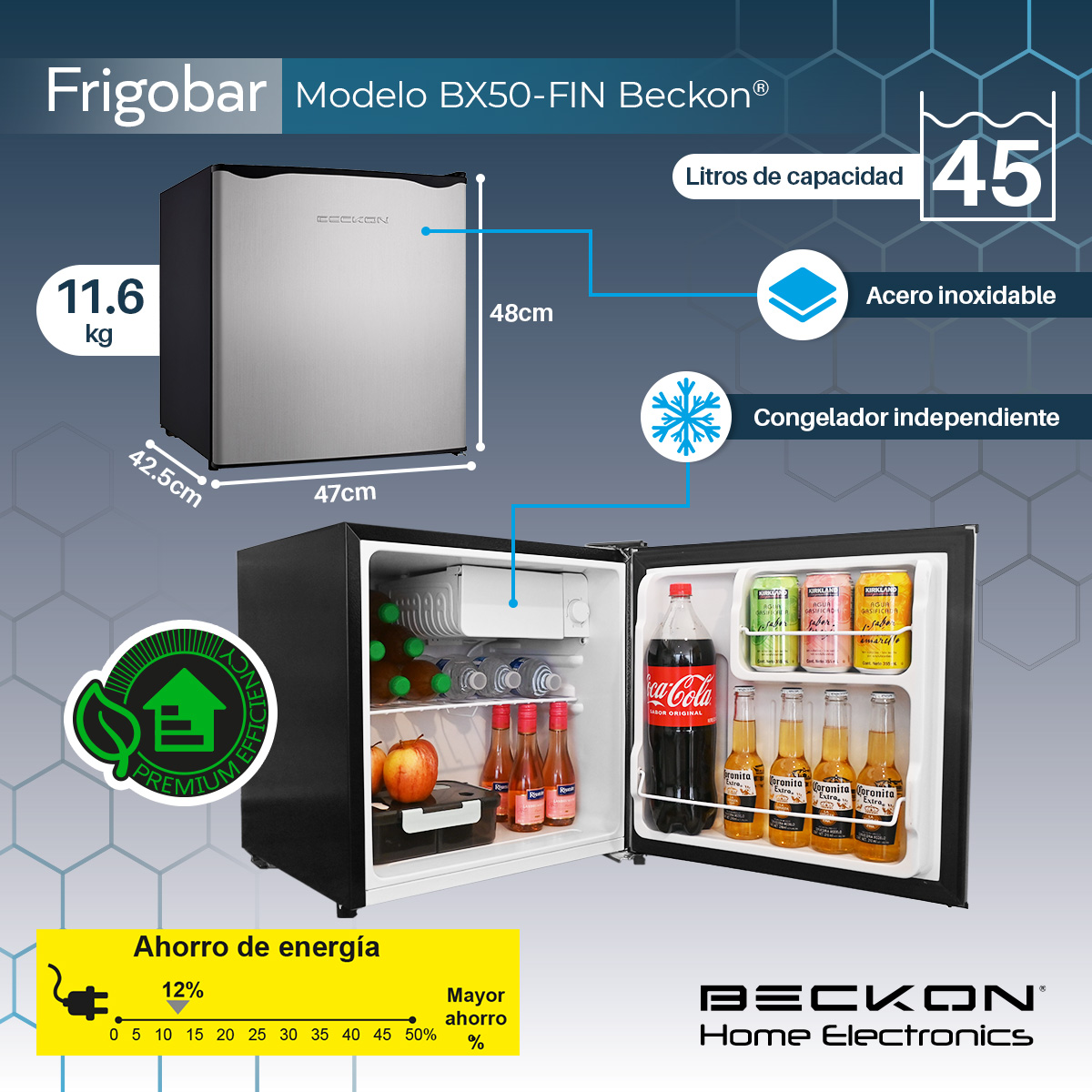 Frigobar con congelador Acero Inoxidable 1.6 Pies - 45L  *Premium Efficiency* Compacto Gris Plata minibar mini fridge