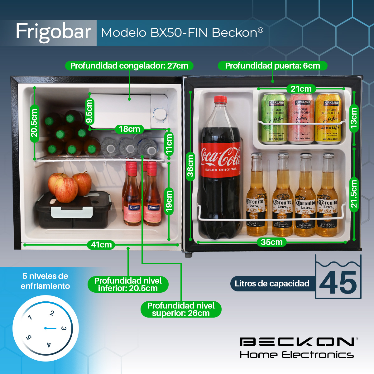 Frigobar con congelador Acero Inoxidable 1.6 Pies - 45L  *Premium Efficiency* Compacto Gris Plata minibar mini fridge