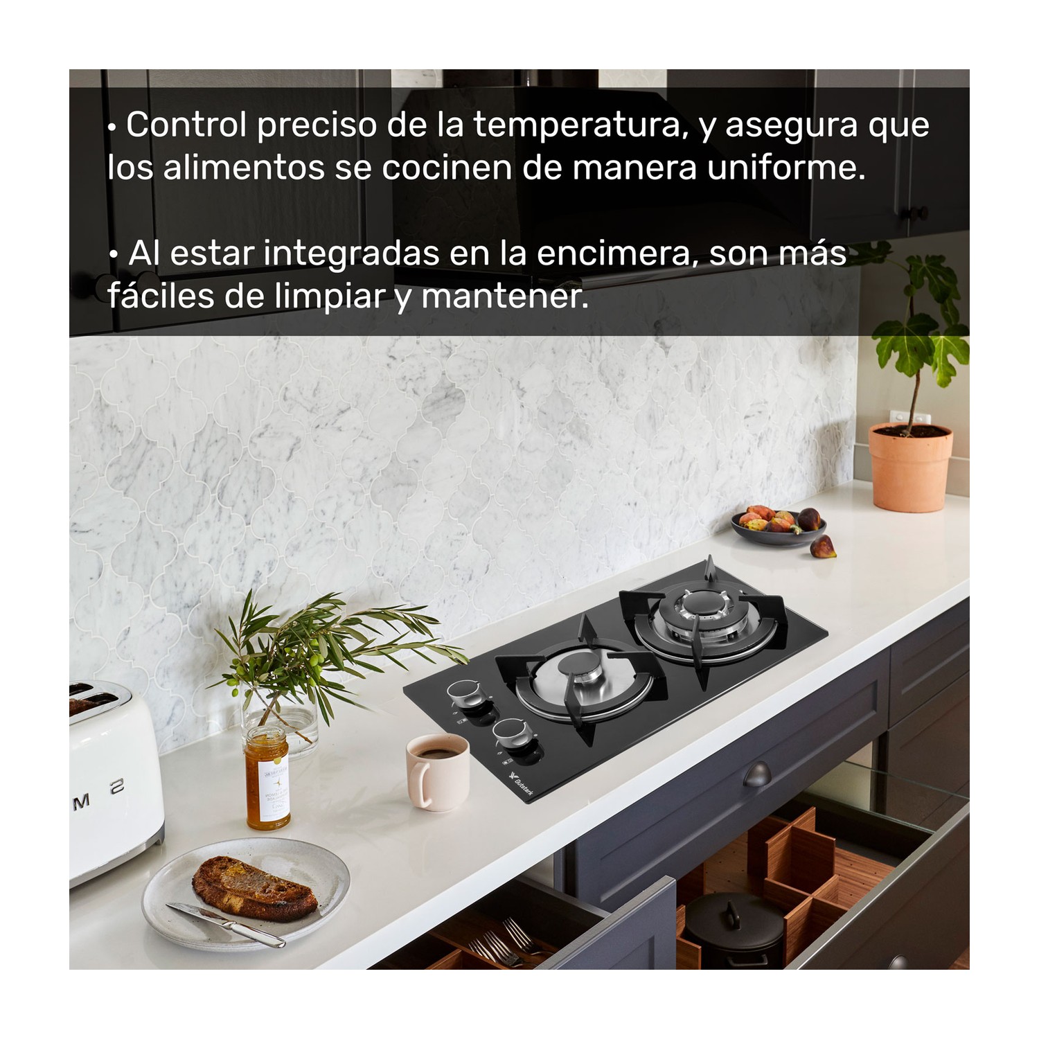 Parrilla De Gas Empotrable 2 Quemadores Vidrio Tem